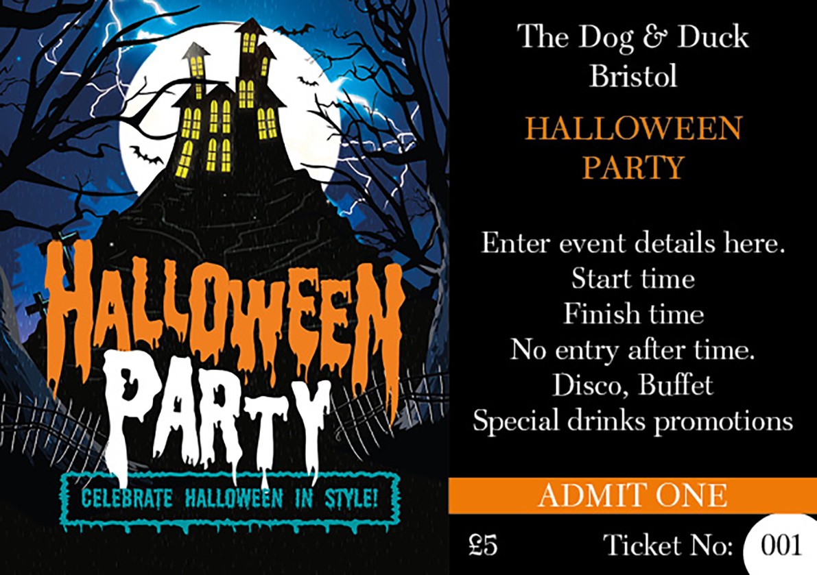 Halloween Party Ticket (+ loyalty stamp) (house on hill design)