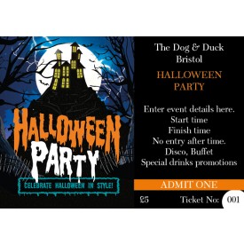 Halloween Party Ticket (+ loyalty stamp) (house on hill design)
